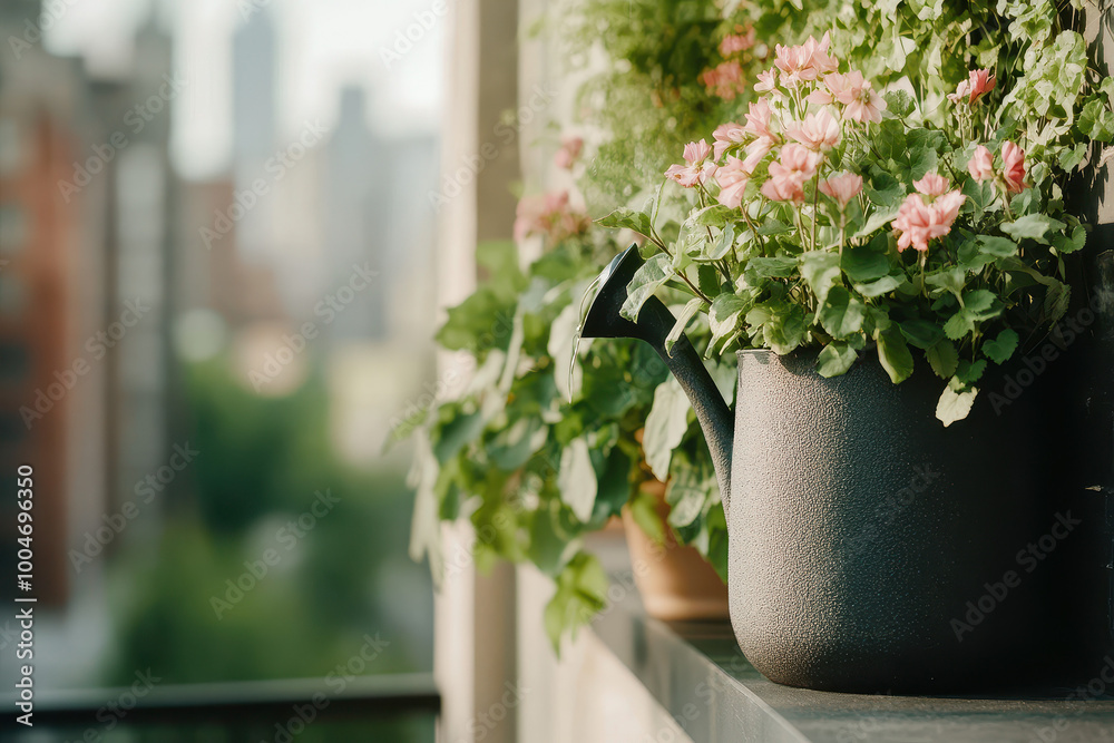 Obraz premium Urban Gardening: Beautiful Balcony Plants in the Morning Light with Cityscape Background