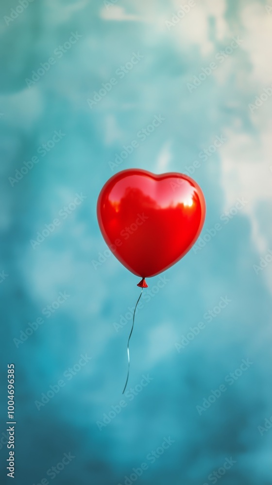Red heart-shaped balloon floating against a blue sky, romantic and whimsical atmosphere Red heart-shaped balloon floating against a blue sky, romantic and whimsical atmosphere