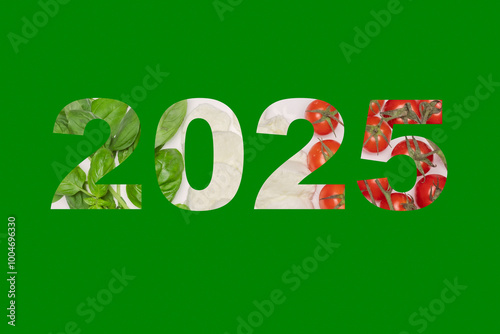 Colorful 2025 design on a bright red background with bright numbers filled with images of basil, mozzarella and tomatoes