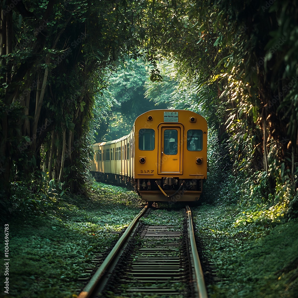 Fototapeta premium Train through tunnel trees bangkok thai green nature image