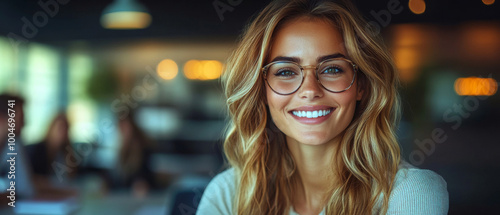 Smiling businesswoman holding smartphone, sitting in office, working on computer
