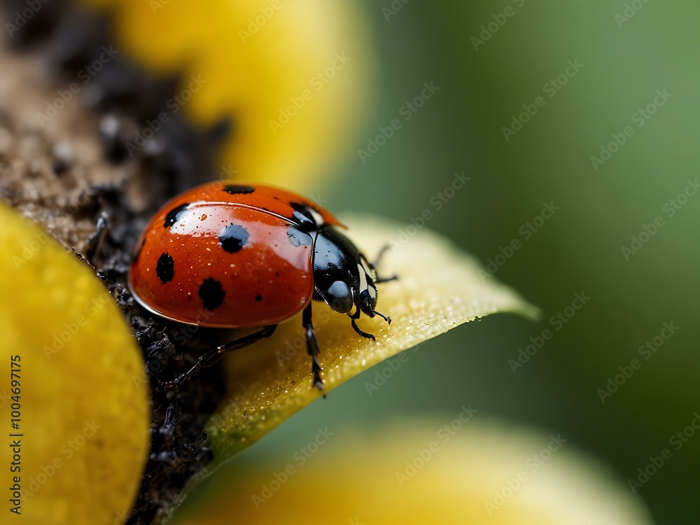 Ladybug on a sunflower petal, close-up with striking colors. Ladybug on a sunflower petal, close-up with striking colors.