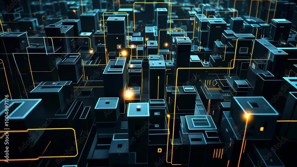 Futuristic technological board with glowing network lines and sparkling geometric shapes, motion background
