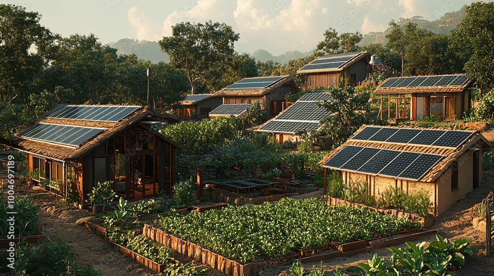 sustainable agriculture using solar panels integrated with crops for simultaneous renewable energy generation and farming production creating green technology for efficient land use and farming