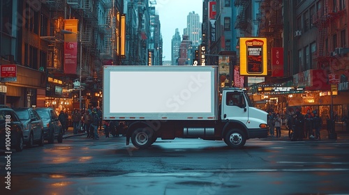 Fototapeta Naklejka Na Ścianę i Meble -  custom branding opportunity with small truck featuring blank white mockup driving through a bustling city street highlighting urban marketing and advertising concepts for business promotion