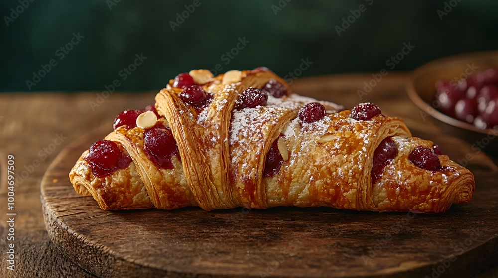 Cherry and almond croissant, arranged on a rustic wooden board with a deep emerald green backdrop Cherry and almond croissant, arranged on a rustic wooden board with a deep emerald green backdrop