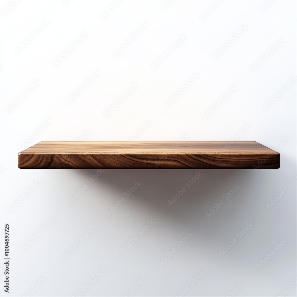 A smooth wooden shelf with a polished finish, floating against a white background with subtle shadows for depth A smooth wooden shelf with a polished finish, floating against a white background with subtle shadows for depth
