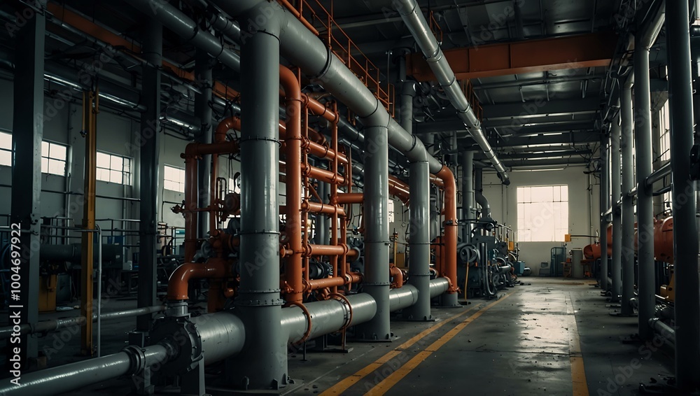 Large industrial pipes and machinery in a modern factory. Large industrial pipes and machinery in a modern factory.