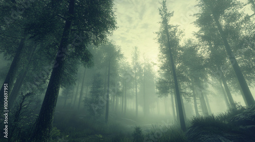  A foggy morning in a quiet forest with tall trees. 