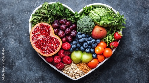 heartshaped bowl filled with fresh fruits vegetables and whole grains promoting heart health through nutritious diet foods and balanced eating for cardiovascular wellness and healthy lifestyle