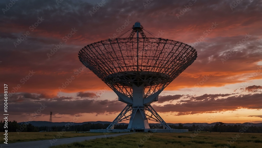 Large radio telescope at dusk, with a colorful sunset. Large radio telescope at dusk, with a colorful sunset.