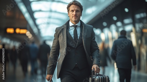 professional businessman in a suit confidently walking through a crowded airport terminal with sleek business luggage showcasing readiness for corporate travel and efficient executive mobility photo