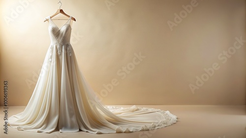 Elegant flowing white wedding gown with delicate lace details and train lying on a velvet hanger against a soft creamy background. photo