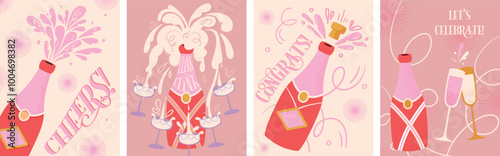 Set of poster with champagne. Champagne toast. Postcard for party, celebration