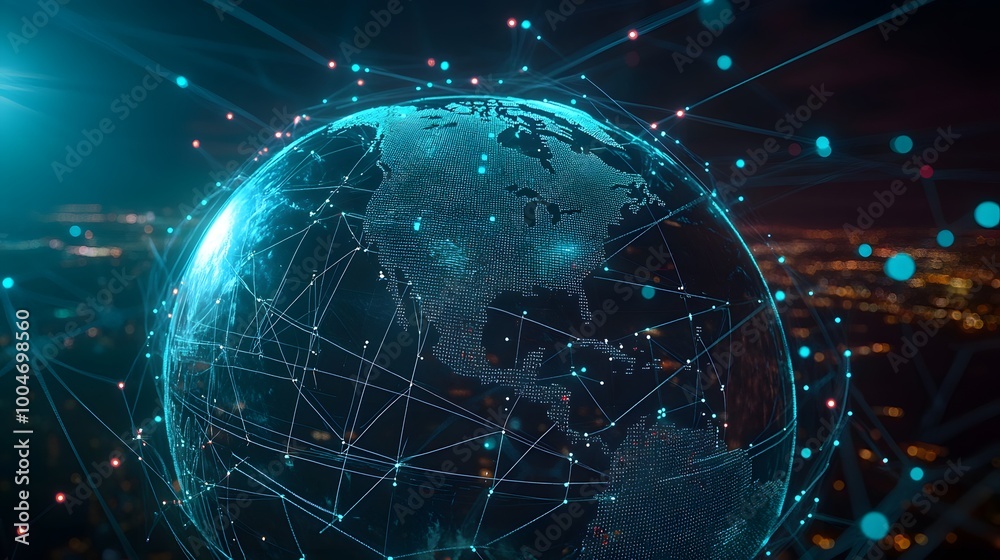 Obraz premium Glowing digital globe representing global connectivity and technology