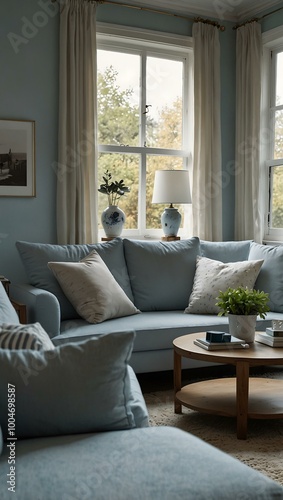 Light blue living room with a white sofa by the window.