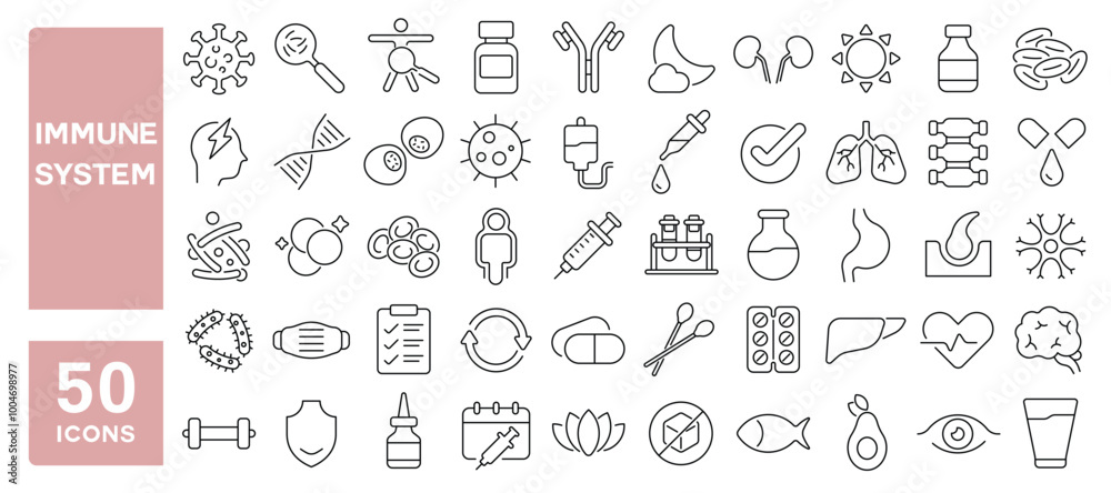 Set of 50 line icons related to immune system, protection, prevention, bacterial, virus, vaccine, germ, blood, cells, Editable stroke. Vector illustration Set of 50 line icons related to immune system, protection, prevention, bacterial, virus, vaccine, germ, blood, cells, Editable stroke. Vector illustration