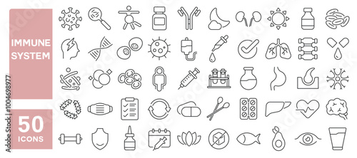 Set of 50 line icons related to immune system, protection, prevention, bacterial, virus, vaccine, germ, blood, cells, Editable stroke. Vector illustration