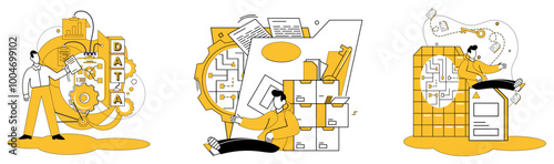 Work with data vector illustration. Analytics is secret sauce transforms raw data into strategic intelligence Data analytics metaphorically acts as alchemist, turning data into golden insights