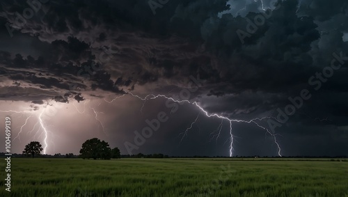 Lightning striking a rural landscape during a severe thunderstorm.