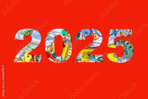 Colorful 2025 design on a bright red background with bright numbers filled with stationery.