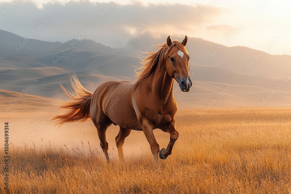 a majestic arabian horse galloping gracefully through the mountains at dawn its mane fluttering in the wind bathed in soft morning light creating a captivating scene of freedom a majestic arabian horse galloping gracefully through the mountains at dawn its mane fluttering in the wind bathed in soft morning light creating a captivating scene of freedom
