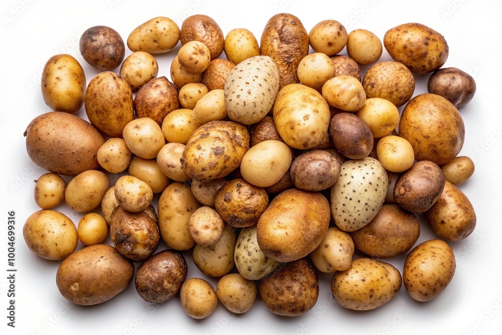 Freshly harvested untreated potato tubers in various shapes and sizes scattered randomly on a pure white background, showcasing their natural brown skin and earthy texture. Freshly harvested untreated potato tubers in various shapes and sizes scattered randomly on a pure white background, showcasing their natural brown skin and earthy texture.