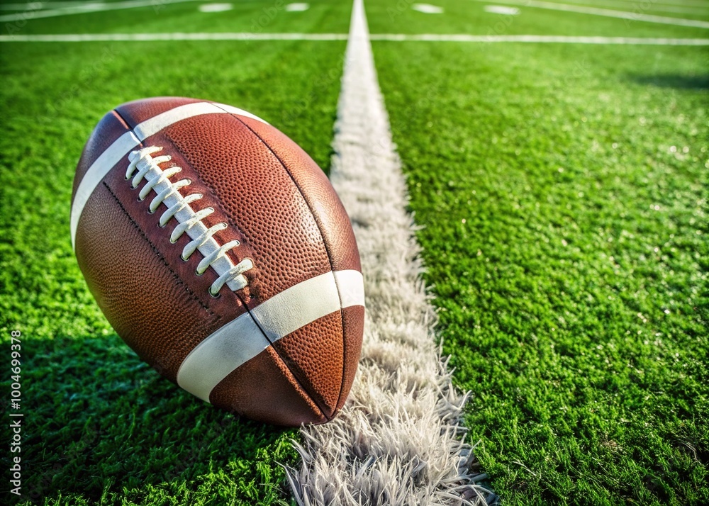 A lone football rests on a freshly manicured green field, its laces relaxed, awaiting the intensity of the upcoming game, surrounded by neat white yard lines.