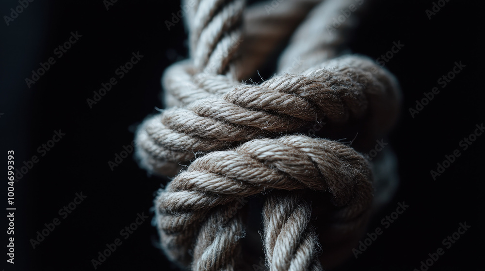 Detailed Close-Up of Intricate Rope Knot with Textural Fibers and Twisting Strands