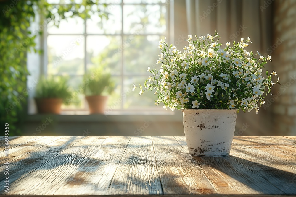 A white flower pot with white flowers sits on a wooden table A white flower pot with white flowers sits on a wooden table