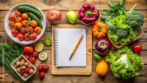Wallpaper Mural Fresh organic fruits and vegetables surround a wooden cutting board with a notebook, pen, and kitchen scale, symbolizing healthy meal planning and nutrition coaching. Torontodigital.ca