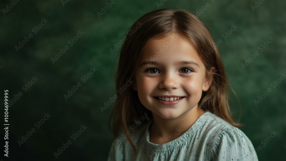 Little girl smiling and posing against a green backdrop. Little girl smiling and posing against a green backdrop.