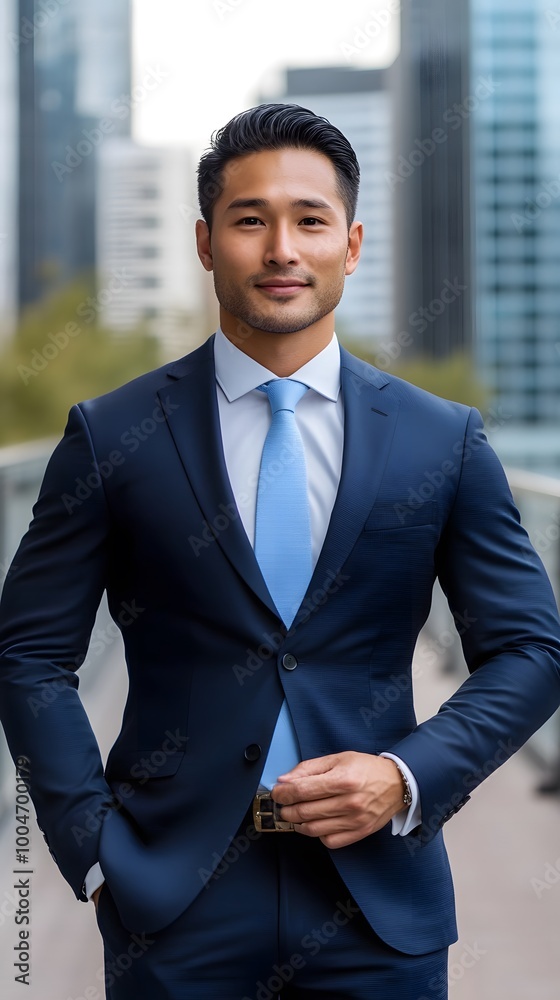 A professional photograph of an Asian man in his late thirties, wearing a navy blue suit and tie with his hands on his hips, standing against the backdrop of modern office buildings A professional photograph of an Asian man in his late thirties, wearing a navy blue suit and tie with his hands on his hips, standing against the backdrop of modern office buildings