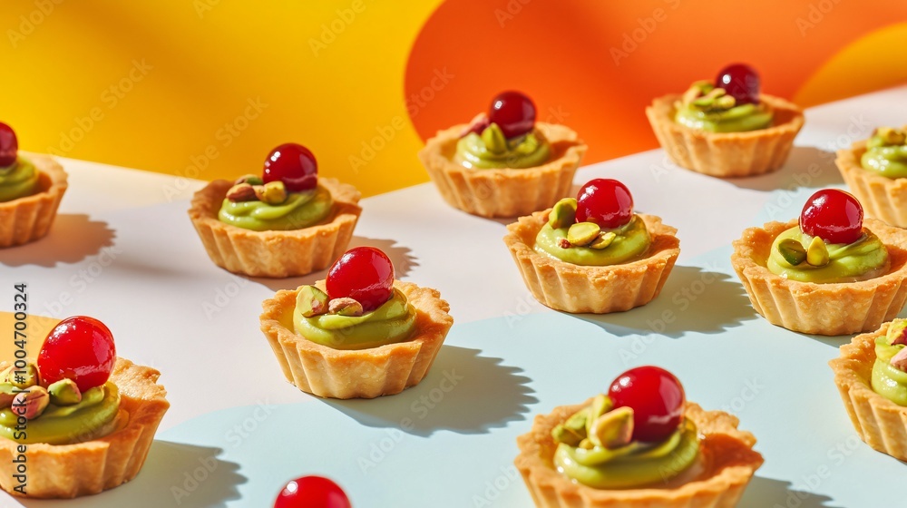 Cherry and pistachio tartlets, arranged on a matte white surface with a vibrant yellow and orange abstract backdrop