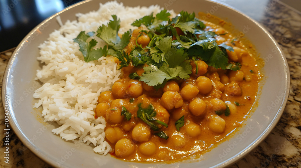A flavorful chickpea curry served with basmati rice and cilantro. A flavorful chickpea curry served with basmati rice and cilantro.