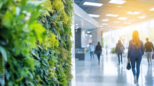 Businesswoman is walking in a modern office corridor with a green wall, promoting a sustainable and eco friendly work environment