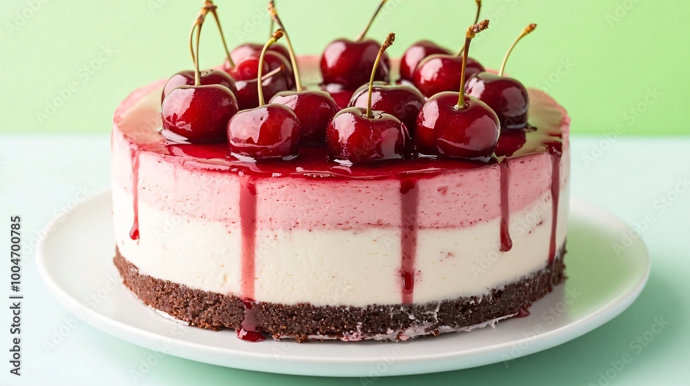 Cherry and vanilla mousse cake, displayed on a clean white plate against a bold neon green backdrop Cherry and vanilla mousse cake, displayed on a clean white plate against a bold neon green backdrop
