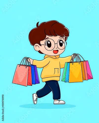 A young child joyfully walks with multiple shopping bags in hand, illustration