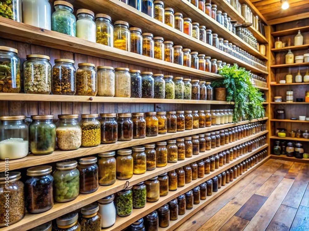 Aisle of natural health store with various jars of organic herbal remedies and supplements on wooden shelves, awaiting customers' selection and purchase. Aisle of natural health store with various jars of organic herbal remedies and supplements on wooden shelves, awaiting customers' selection and purchase.
