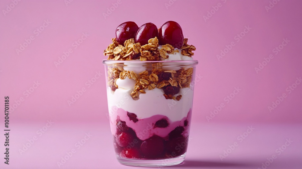 Cherry and yogurt parfait with granola, served in a glass jar against a soft pastel purple background Cherry and yogurt parfait with granola, served in a glass jar against a soft pastel purple background
