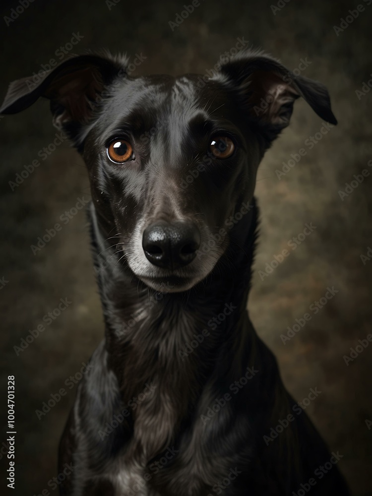 Low-key portrait of a black Spanish greyhound. Low-key portrait of a black Spanish greyhound.