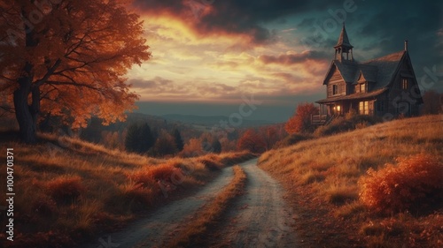 Witch's house against the background of autumn landscape and gloomy sky