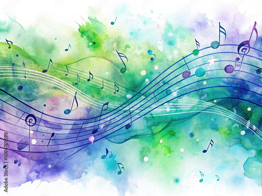 Obraz premium Vibrant watercolor background featuring abstract musical notes in shades of blue, green, and purple, flowing harmoniously in a long, wavy composition.