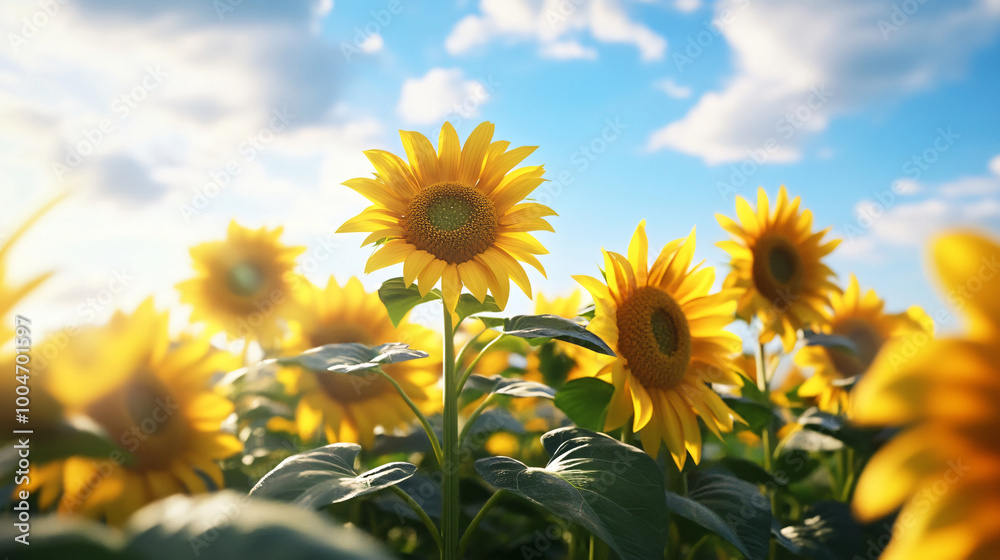 Obraz premium A field of sunflowers in full bloom under a clear summer sky. 