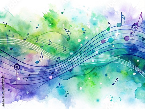 Vibrant watercolor background featuring abstract musical notes in shades of blue, green, and purple, flowing harmoniously in a long, wavy composition.