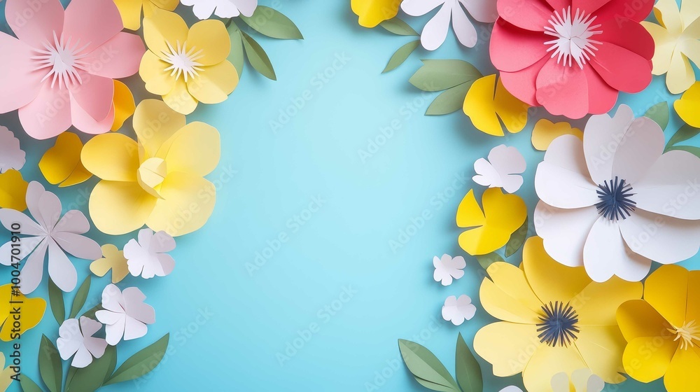 Paper cut spring flowers. Creative, and cheerful spring-themed background. Spring background. Paper cut spring flowers. Creative, and cheerful spring-themed background. Spring background.