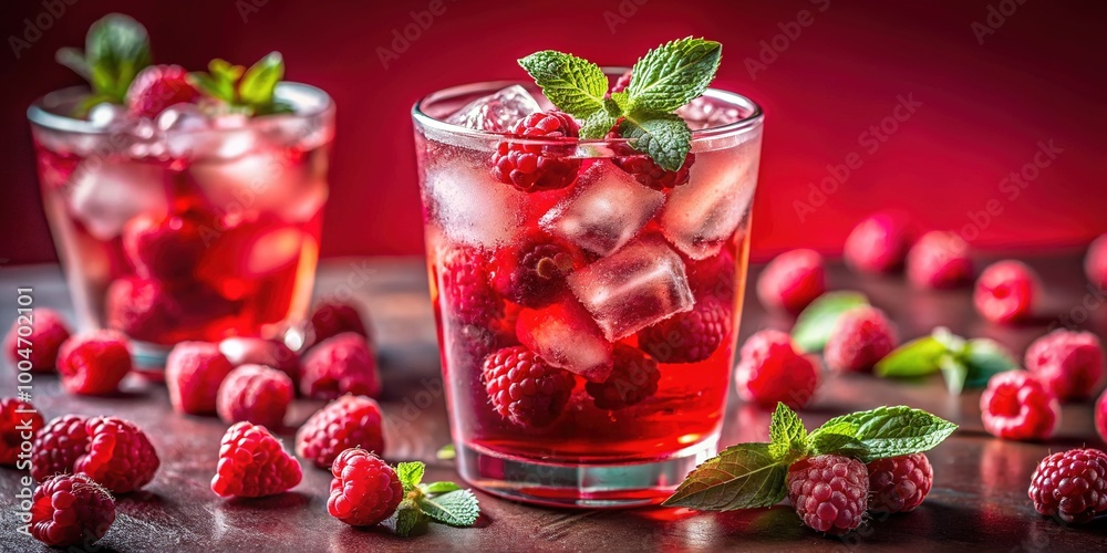 Refreshingly chilled raspberries infused drink with ice cubes sits on a vibrant red background, showcasing the juicy flavor and vibrant colors of the sweet summer treat. Refreshingly chilled raspberries infused drink with ice cubes sits on a vibrant red background, showcasing the juicy flavor and vibrant colors of the sweet summer treat.