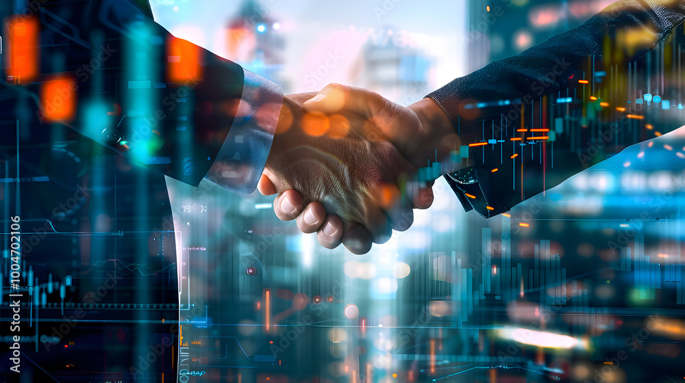 Two businessmen shaking hands with double exposure of financial graphs in an office background Two businessmen shaking hands with double exposure of financial graphs in an office background
