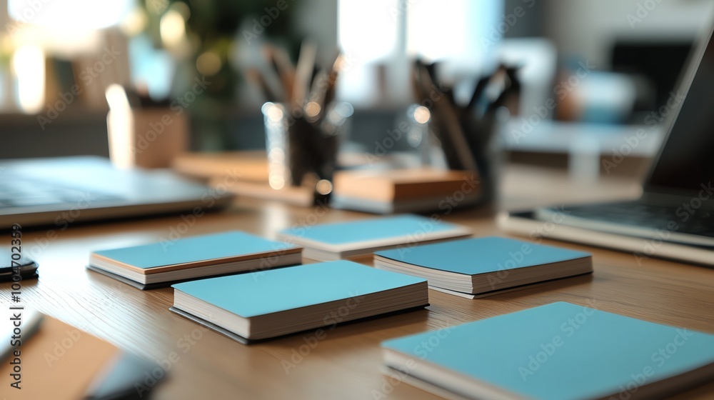Stack of blue notebooks on an office desk with a laptop and other office supplies in the background. Stack of blue notebooks on an office desk with a laptop and other office supplies in the background.