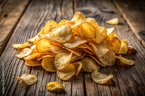 Crisp golden potato chips scattered artfully on a distressed wooden table, tantalizingly lit to highlight their delicate texture and savory appeal. photo